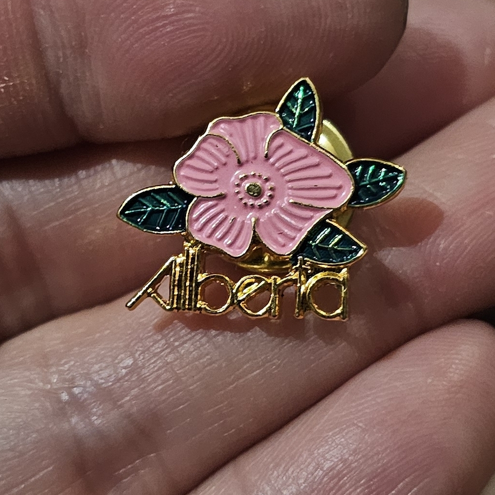 Vintage Lapel Pin-Alberta & Wildrose Pink and Green Brooch w Intricate Metalwork